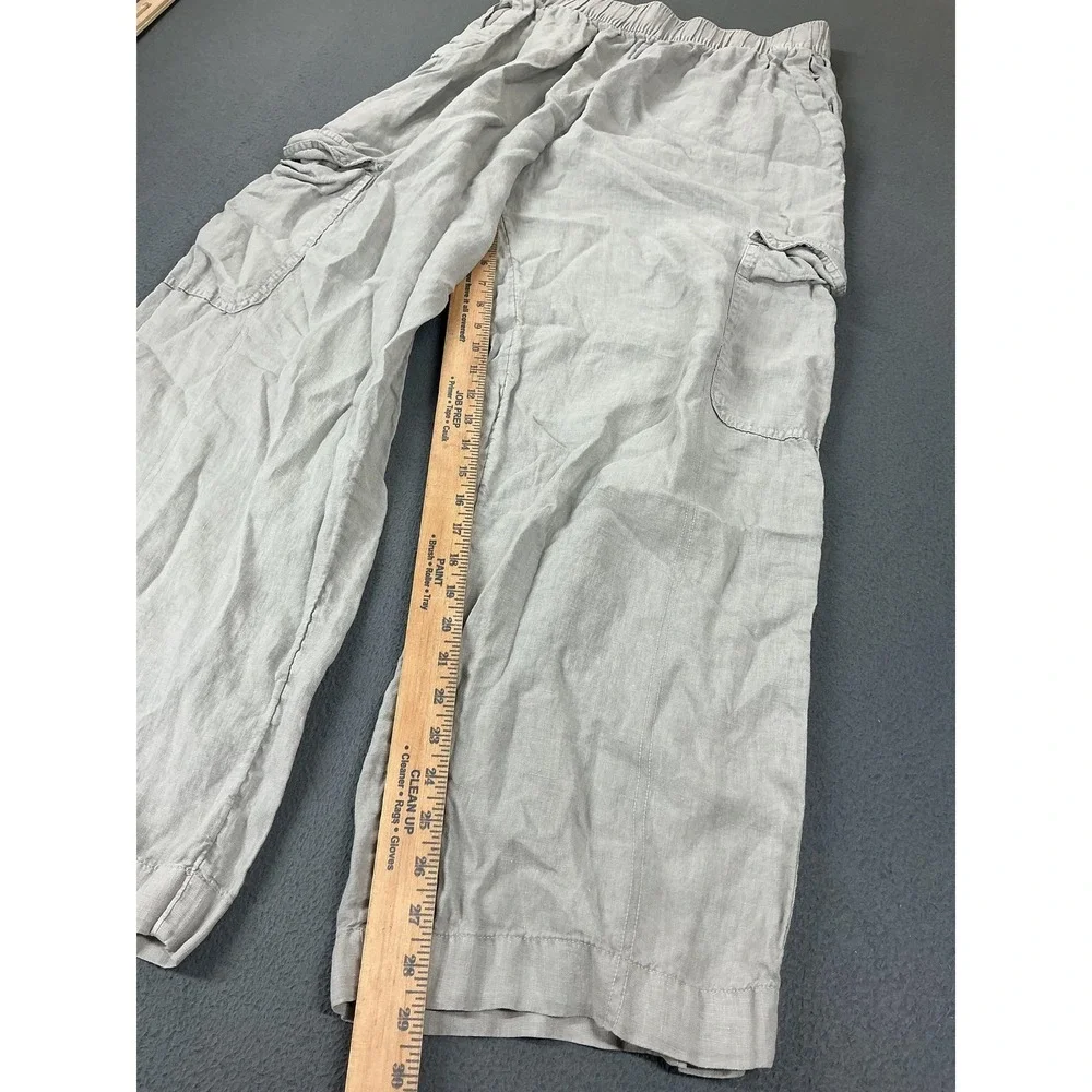 C&C California Pants Womens L Gray Linen Cargo Relaxed Elastic Waist Casual